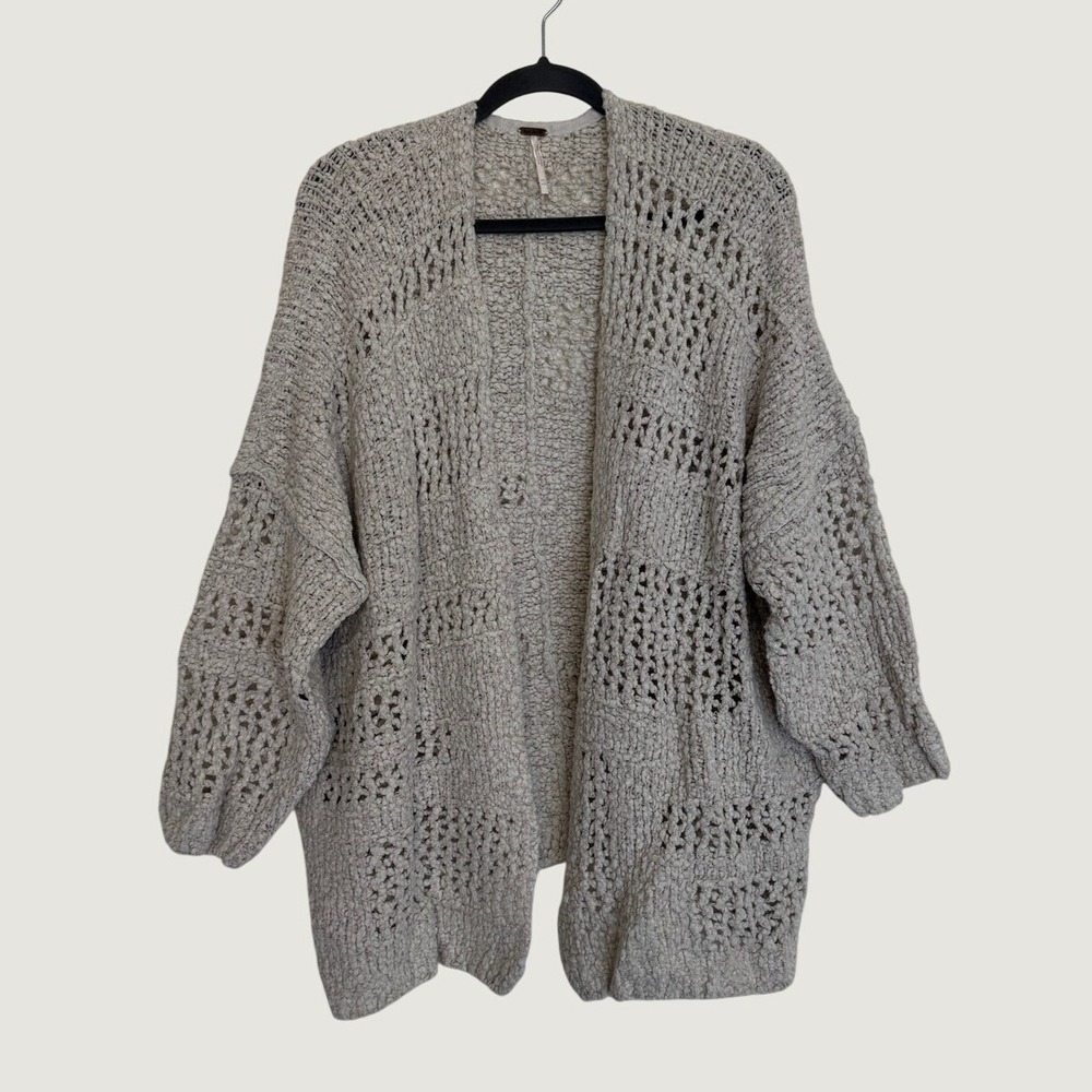 Free People M/L Wool Blend Chunky Open Knit Open Front Cardigan Light Gray